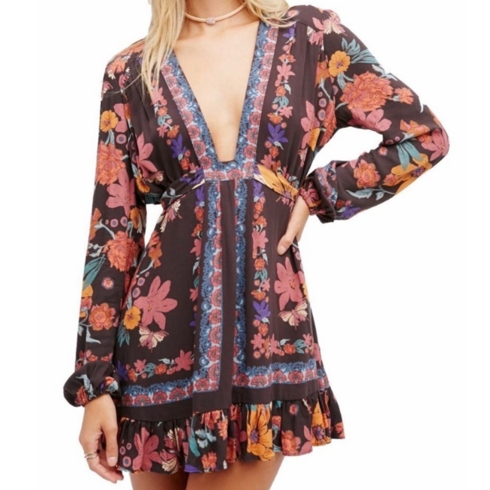 FREE PEOPLE Violet Hill Tunic Dress with Plunge Neck Navy Floral Women’s Size 4